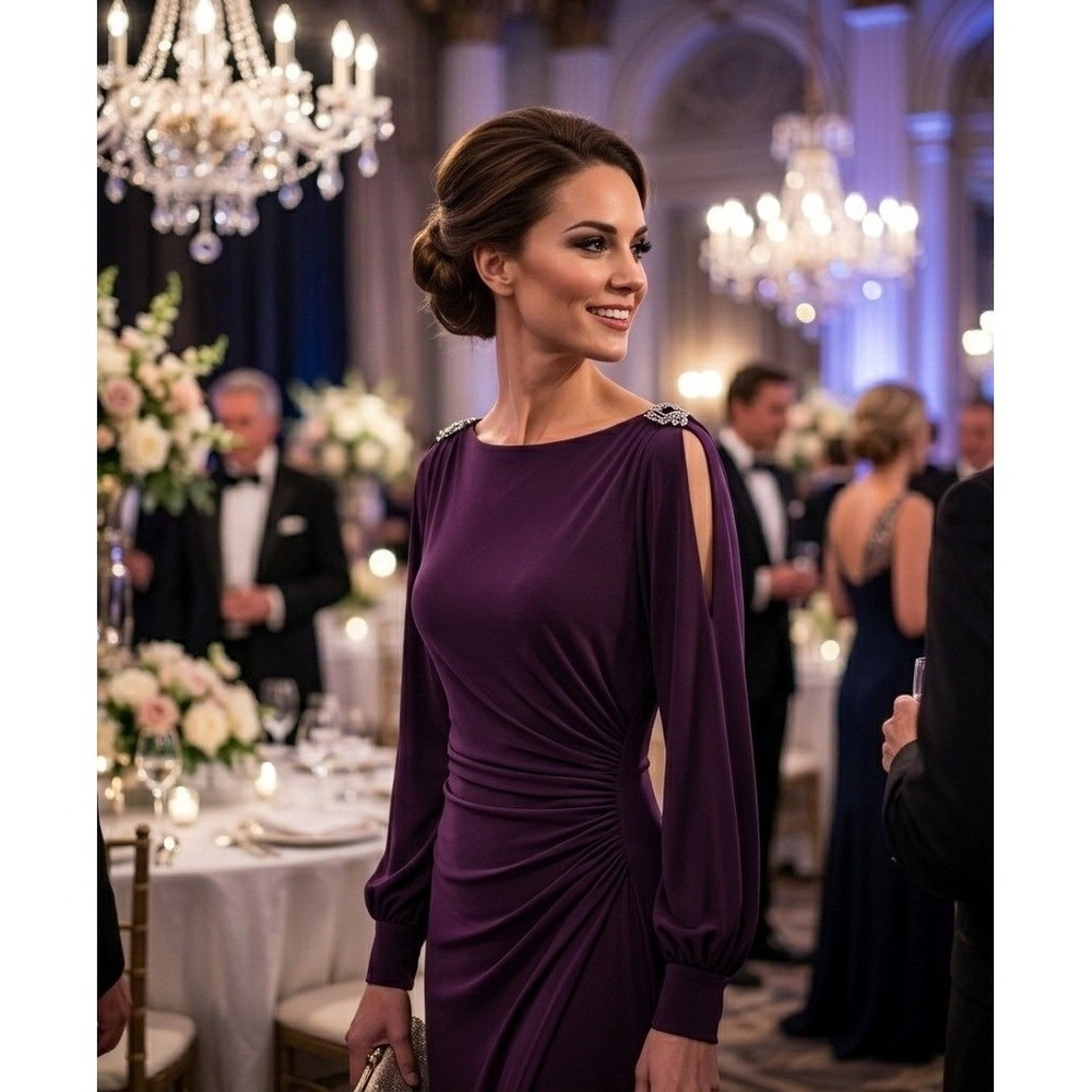 Lauren‎ Ralph Lauren Evening Purple Ruched Sheath Dress 14 Embellished Shoulder
